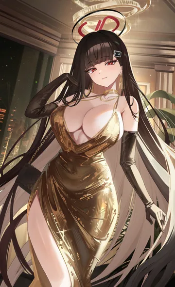 Пост #1566: chamcham ee, blue archive, rio (blue archive), 1girl, alternate costume, arm up, black hair, black halo