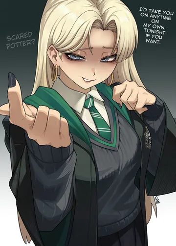 Пост #1175: unusualpie, harry potter (series), wizarding world, malfoid, 1girl, beckoning, black nails, black robe