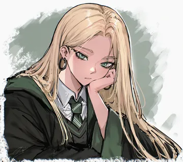 Пост #1350: zion toey, harry potter (series), wizarding world, malfoid, 1girl, black robe, blonde hair, bored, closed mouth, collared shirt, curtained hair, diagonal-striped clothes