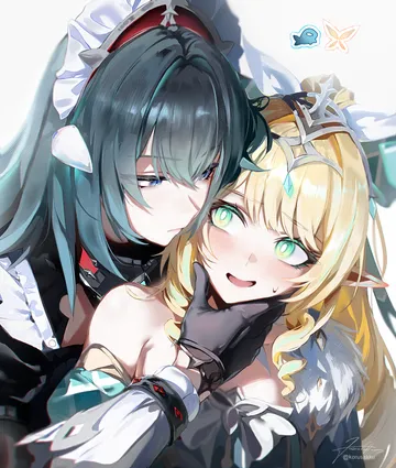 Пост #2304: korusakku, genshin impact, danica (genshin impact), vesna (genshin impact), 2girls, bare shoulders, black gloves, black hair