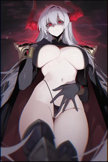Пост #2361: orn, original, 1girl, armor, black cape, black gloves, black panties, black thighhighs