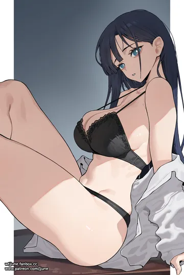 Пост #263: jjune, original, 1girl, arm support, bare shoulders, black bra, black panties, blue eyes