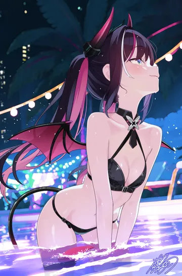 Пост #503: mille, hololive, azki (hololive), azki (little devil) (hololive), 1girl, bikini, black bikini, black hair