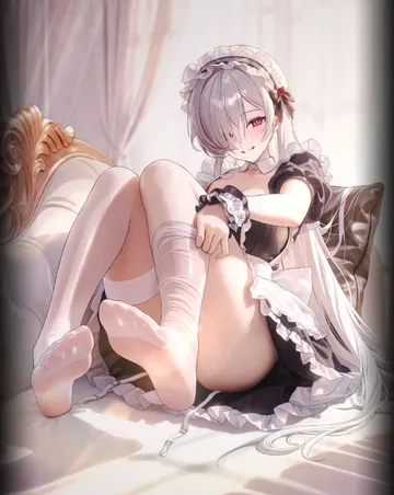 Пост #231: yoya yogurt, goddess of victory: nikke, cinderella (glass curtsy) (nikke), cinderella (nikke), 1girl, adjusting clothes, adjusting legwear, apron, black dress, black wrist cuffs, blush, breasts