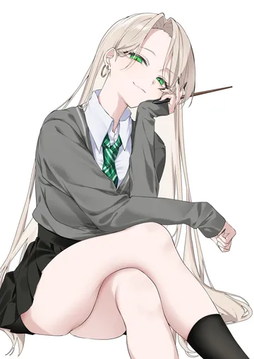 Пост #379: mei hinamatsu, harry potter (series), wizarding world, malfoid, 1girl, blonde hair, closed mouth, crossed legs