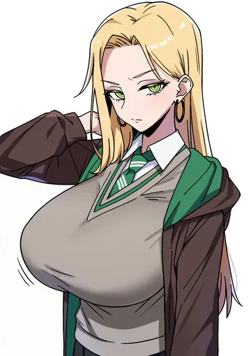 Пост #1189: pikumin64, harry potter (series), wizarding world, malfoid, 1girl, alternate breast size (larger), blonde hair, bouncing breasts