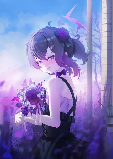 Пост #3723: rancidronin, blue archive, haruka (blue archive), 1girl, black dress, bouquet, bow, bowtie