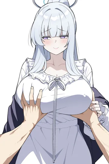 Пост #4100: reia 76, blue archive, noa (blue archive), noa (pajamas) (blue archive), 1boy, 1girl, averting eyes, blush