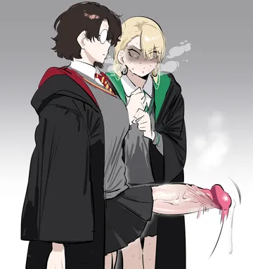 Пост #1104: okpriko, harry potter (series), wizarding world, harry potter, malfoid, 2girls, black skirt, blonde hair