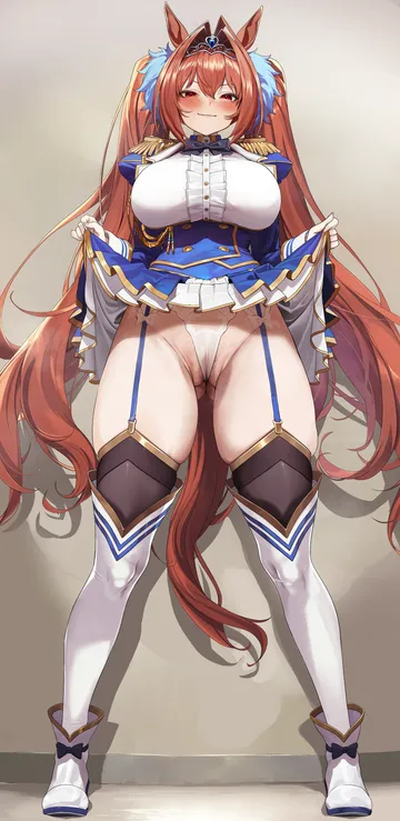 Пост #1771: fuwamozzi, umamusume, daiwa scarlet (peak blue) (umamusume), daiwa scarlet (umamusume), 1girl, animal ears, ass visible through thighs, black thighhighs