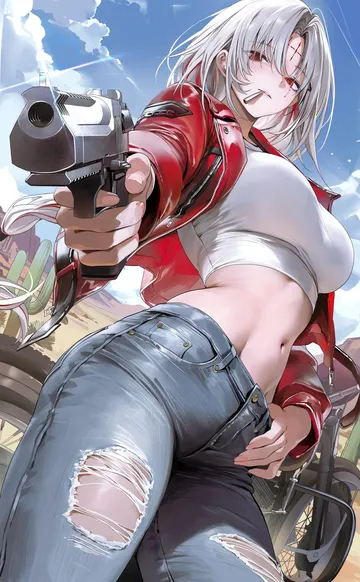 Пост #2871: re0n, punishing: gray raven, adelyde (pgr), 1girl, aiming, aiming at viewer, alternate costume, breasts