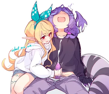 Пост #3983: ricegnat, nijisanji, nijisanji en, pomu rainpuff, selen tatsuki, 2girls, animal genitalia on humanoid, animal penis