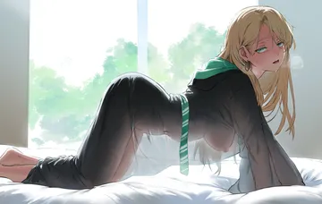 Пост #28: hews, harry potter (series), wizarding world, malfoid, 1girl, all fours, ass, black robe, blonde hair, breasts, covered navel, covered nipples