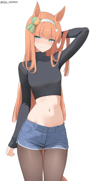 Пост #3420: nanashi ishi, umamusume, silence suzuka (umamusume), 1girl, alternate costume, animal ears, black shirt, breasts