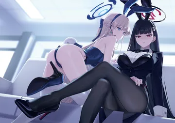 Пост #2845: rokuwata tomoe, blue archive, rio (blue archive), toki (blue archive), toki (bunny) (blue archive), 2girls, all fours, alternate costume