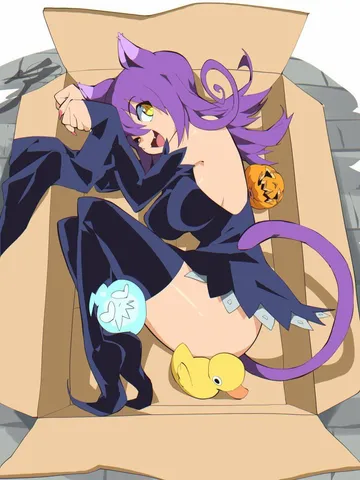 Пост #2110: :3, 1girl, animal ears, black dress, box, breasts, cardboard box, cat ears