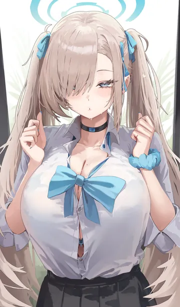 Пост #2889: jun daniell, blue archive, asuna (blue archive), asuna (school uniform) (blue archive), 1girl, alternate hairstyle, aqua halo, black choker