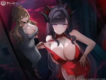 Пост #1603: gijang, azuchi (azur lane), azuchi (testing courage in crimson) (azur lane), lion (alleyway temptress) (azur lane), lion (azur lane), 2girls, azur lane, bare shoulders