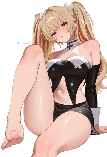 Пост #3491: cocona 00, zenless zone zero, claret flint, 1girl, bare legs, bare shoulders, barefoot, black shirt