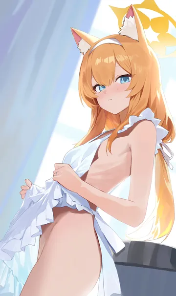 Пост #571: evening rabbit, blue archive, mari (blue archive), 1girl, animal ears, apron, blue eyes, blush, bottomless, breasts, cat ears, clothes lift