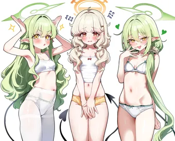 Пост #137: sak (lemondisk), blue archive, aoba (blue archive), hikari (blue archive), nozomi (blue archive), 3girls, armpits, bare shoulders