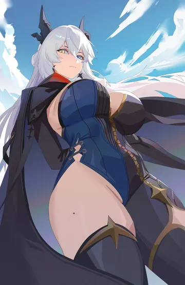 Пост #2815: pedrost art, zenless zone zero, eldreda sunbringer, 1girl, arm behind back, asymmetrical bodysuit, black horns, blue eyes