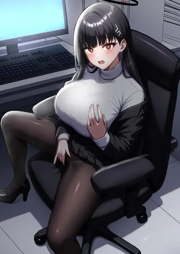 Пост #2494: agachi (shunya12300724), blue archive, rio (blue archive), 1girl, between legs, black hair, black halo, black skirt
