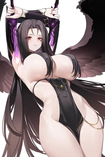 Пост #100: miqilinfeizainie, brown dust, brown dust (series), brown dust 2, olivier (brown dust), olivier (fallen wings) (brown dust), 1girl, armpits, arms up, black hair, black wings, breasts