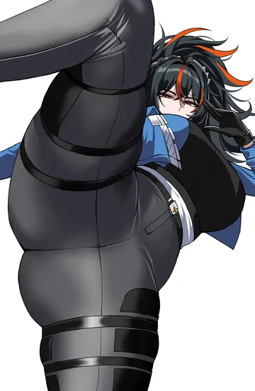 Пост #1665: hella p, zenless zone zero, zhu yuan, 1girl, black gloves, black hair, black pants, blue shirt