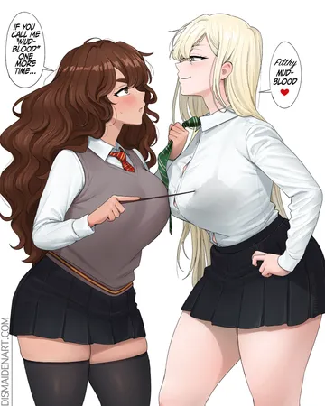 Пост #953: dismaiden, harry potter (series), wizarding world, hermione granger, malfoid, 2girls, black skirt, black thighhighs