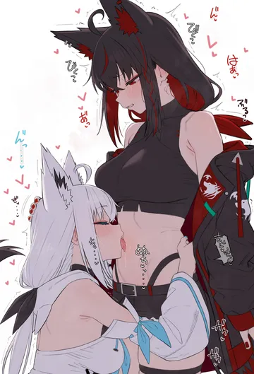 Пост #1710: shiroi yoru, hololive, kurokami fubuki, shirakami fubuki, shirakami fubuki (1st costume), 2girls, animal ears, black hair