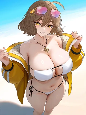 Пост #3135: catfoxart, goddess of victory: nikke, anis (nikke), anis (sparkling summer) (nikke), 1girl, ahoge, aviator sunglasses, beach