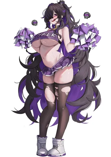 Пост #826: small chair (xiaosaiyi33818), goddess of victory: nikke, label (nikke), 1girl, alternate costume, bare shoulders, black hair, black thighhighs