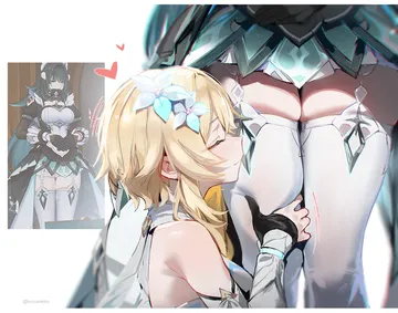 Пост #1466: korusakku, genshin impact, danica (genshin impact), lumine (genshin impact), 2girls, blonde hair, closed eyes, dress