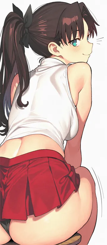 Пост #3048: kamisato sora, fate (series), fate/stay night, fate/unlimited blade works, tohsaka rin, 1girl, aqua eyes, ass, black panties, black ribbon, breasts, brown hair