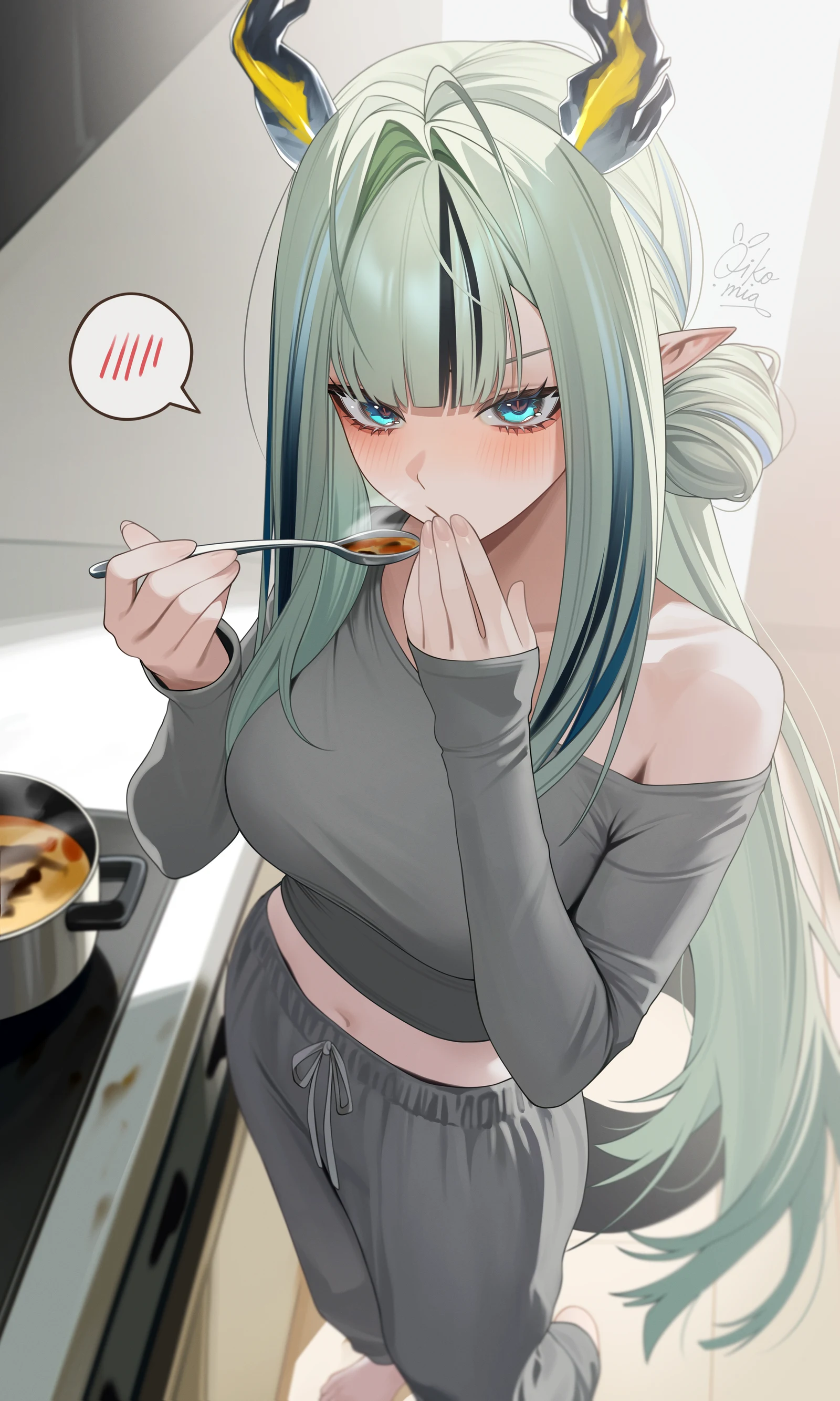 Пост #3113: oikomia, arknights, arknights:_endfield, si_(arknights), 1girl, alternate_breast_size_(larger), barefoot, black_streaks, blue_eyes, blunt_bangs, breasts, double_bun, dragon_girl, dragon_horns, dragon_tail