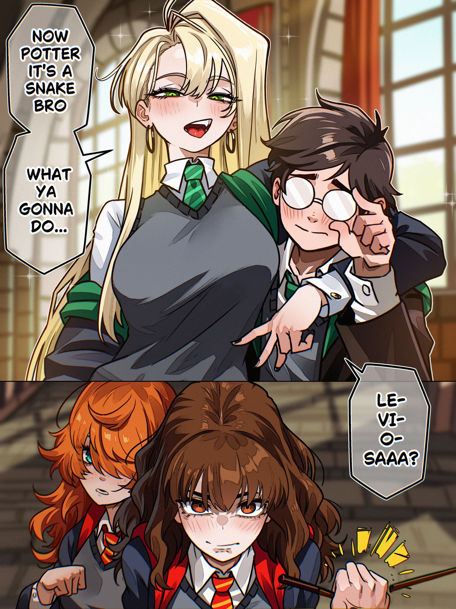 Пост #1173: vlizz, harry_potter_(series), wizarding_world, harry_potter, hermione_granger, malfoid, ron_weasley, 1boy, 2koma, 3girls, angry, blonde_hair, blurry, blurry_background, blush