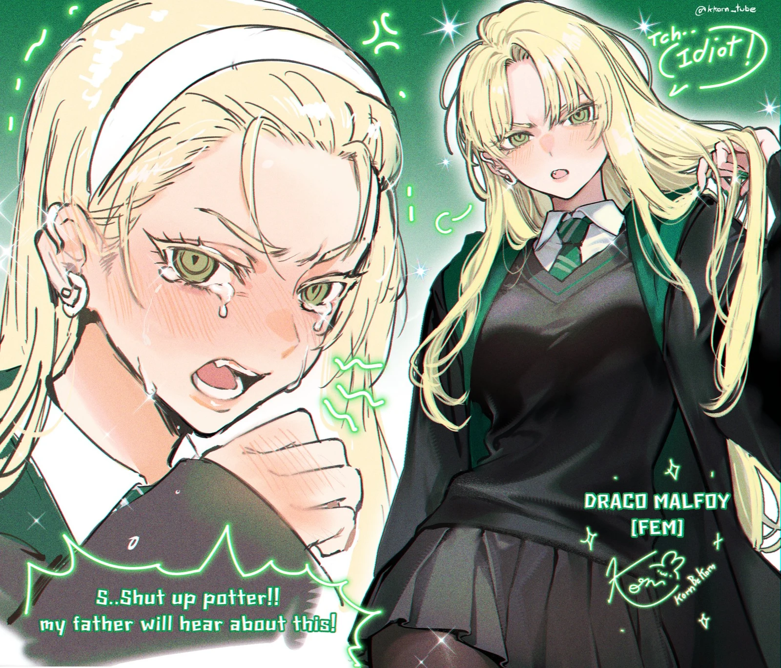 Пост #1393: kkorn_tube, harry_potter_(series), wizarding_world, malfoid, 1girl, black_cloak, black_sweater_vest, black_thighhighs, blonde_hair, breasts, cloak, collared_shirt, colored_eyelashes, crying, crying_with_eyes_open