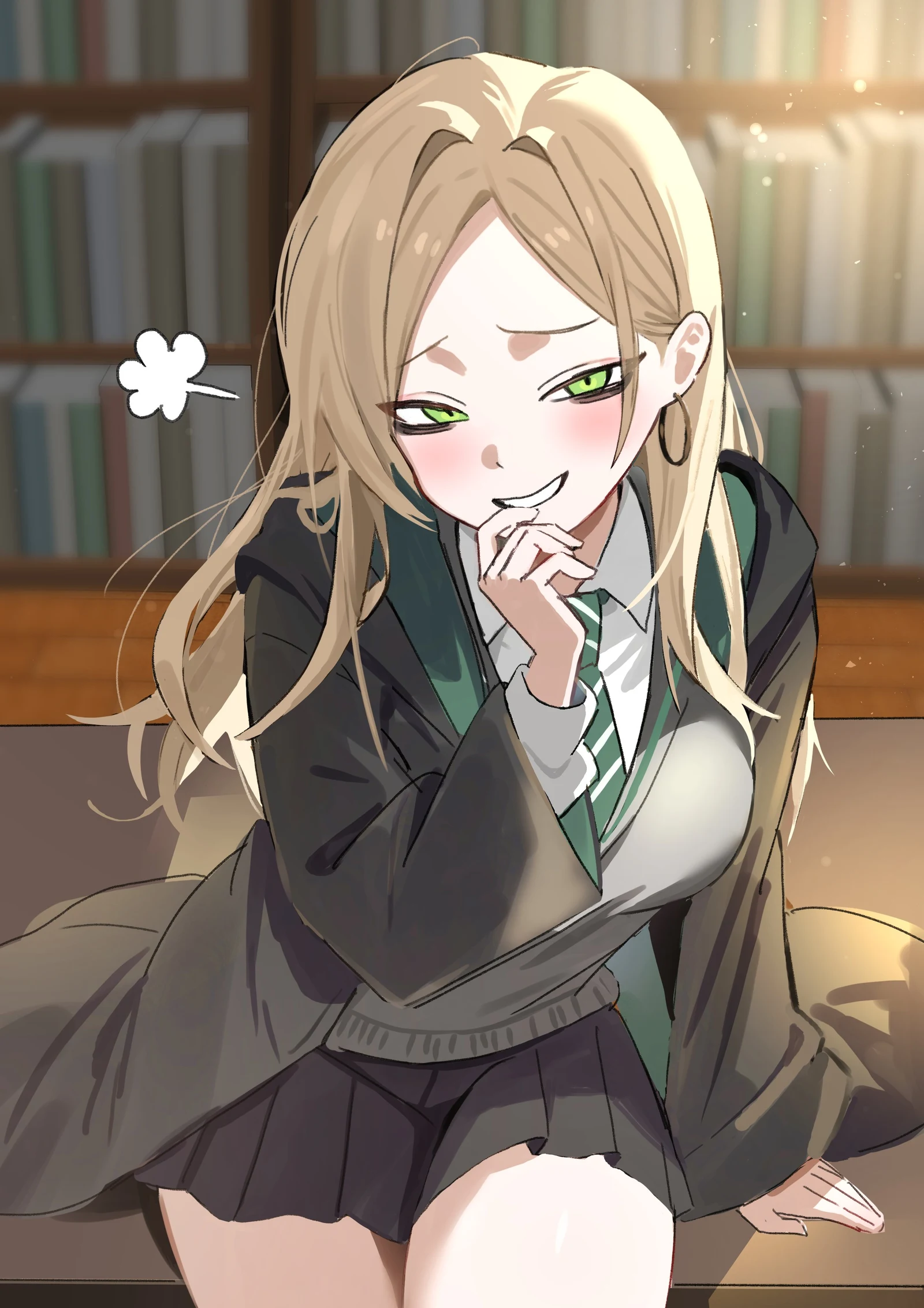 Пост #1164: 889haru, harry_potter_(series), wizarding_world, malfoid, 1girl, arm_at_side, black_robe, black_skirt, blonde_hair, blurry, blurry_background, blush, bookshelf, breasts, collared_shirt