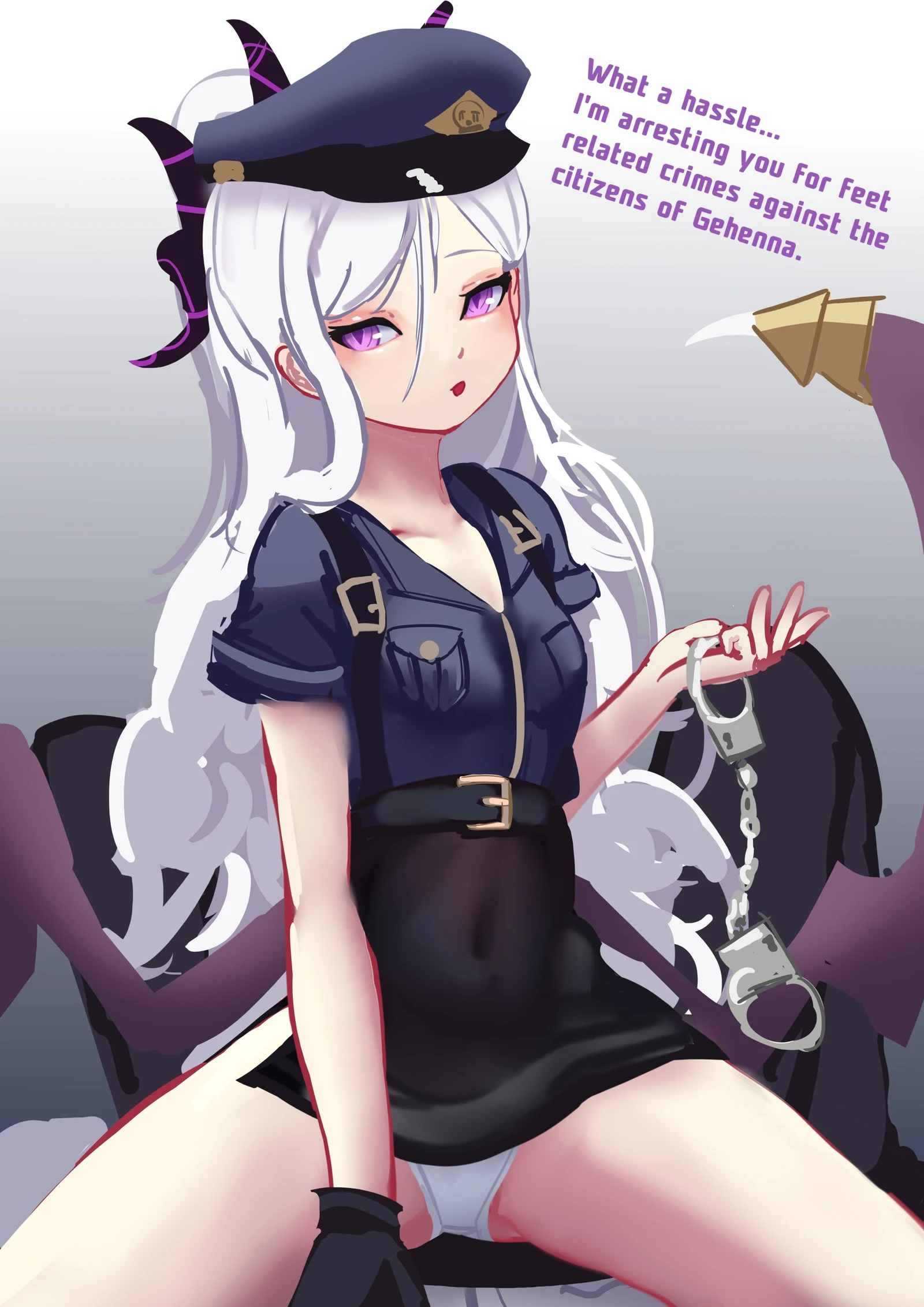 Пост #3801: rancidronin, blue_archive, hina_(blue_archive), 1girl, black_gloves, black_skirt, blue_shirt, cuffs, demon_girl, demon_horns, demon_wings, english_text, gloves, grey_hair, halo