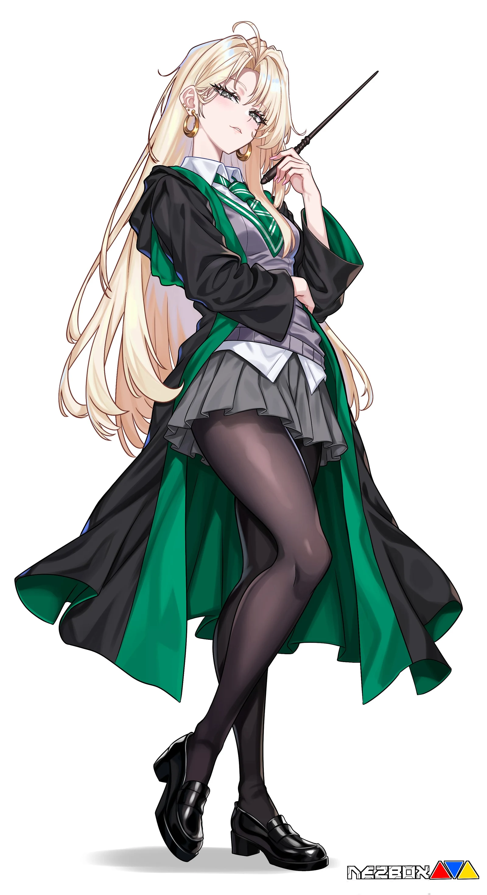 Пост #950: nez-box, harry_potter_(series), wizarding_world, malfoid, 1girl, artist_name, black_pantyhose, black_robe, black_shoes, blonde_hair, curtained_hair, diagonal-striped_clothes, diagonal-striped_necktie, ear_piercing, earrings