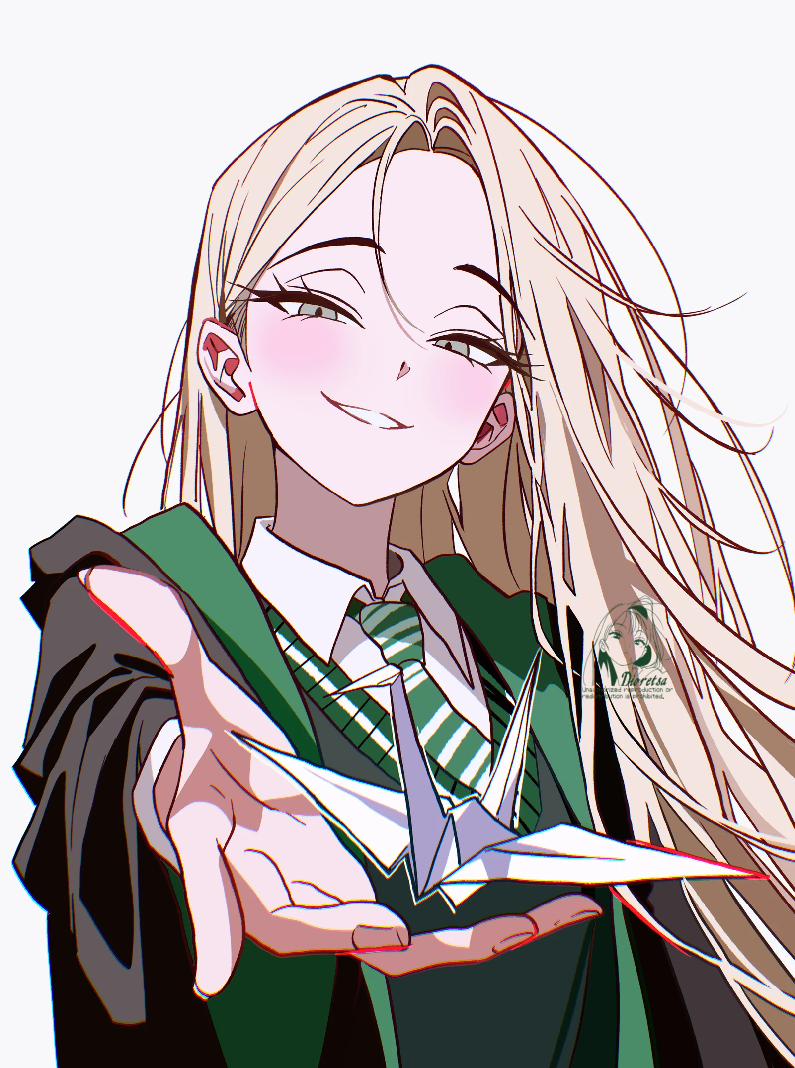 Пост #1201: dixretsa, harry_potter_(series), wizarding_world, malfoid, 1girl, black_coat, blonde_hair, coat, curtained_hair, diagonal-striped_clothes, diagonal-striped_necktie, genderswap, genderswap_(mtf), green_necktie, green_vest