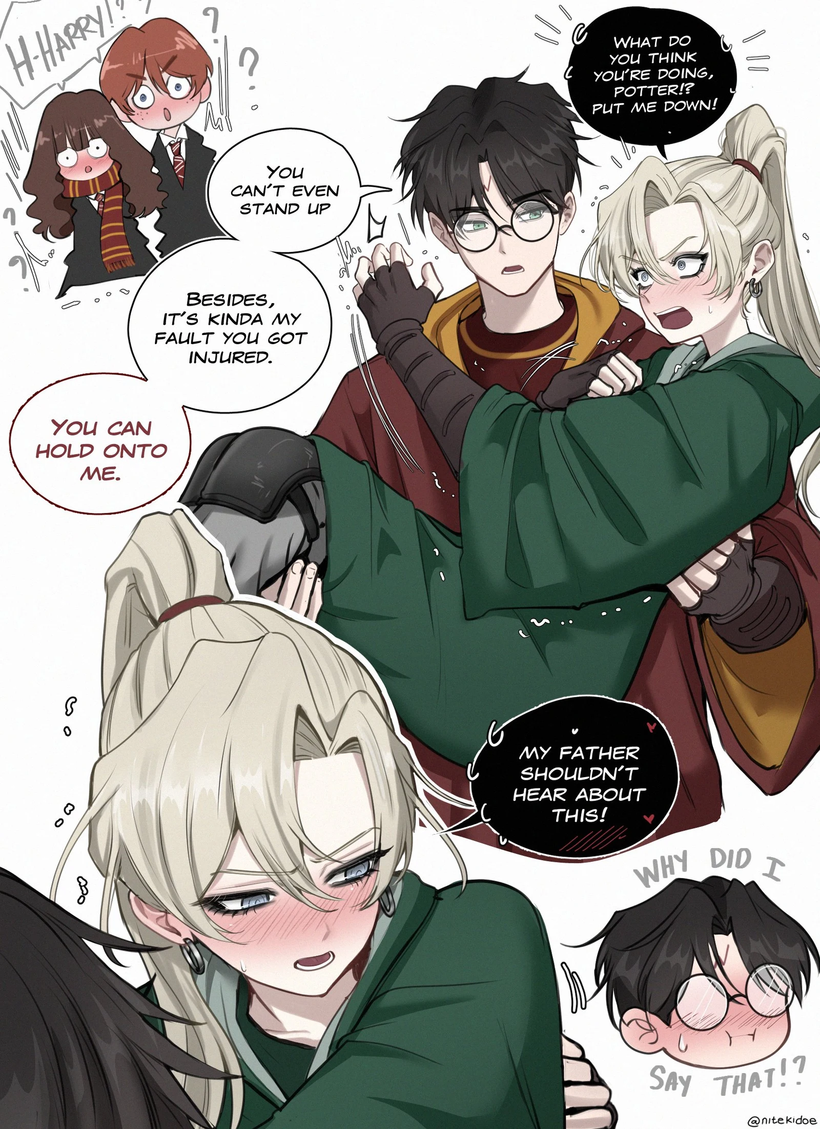 Пост #296: nitekidoe, harry_potter_(series), wizarding_world, harry_potter, hermione_granger, malfoid, ron_weasley, 2boys, 2girls, black_hair, blonde_hair, blush, brown_eyes, brown_hair, carrying