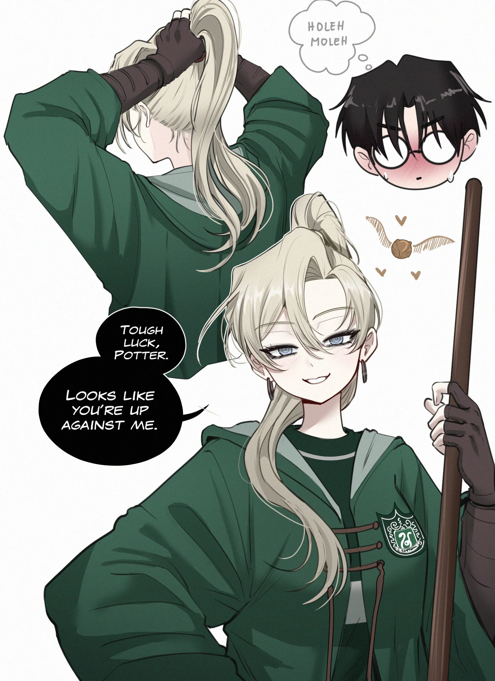 Пост #433: nitekidoe, harry_potter_(series), wizarding_world, harry_potter, malfoid, 1boy, 1girl, blonde_hair, blush, broom, brown_hair, comic, earrings, english_text, genderswap