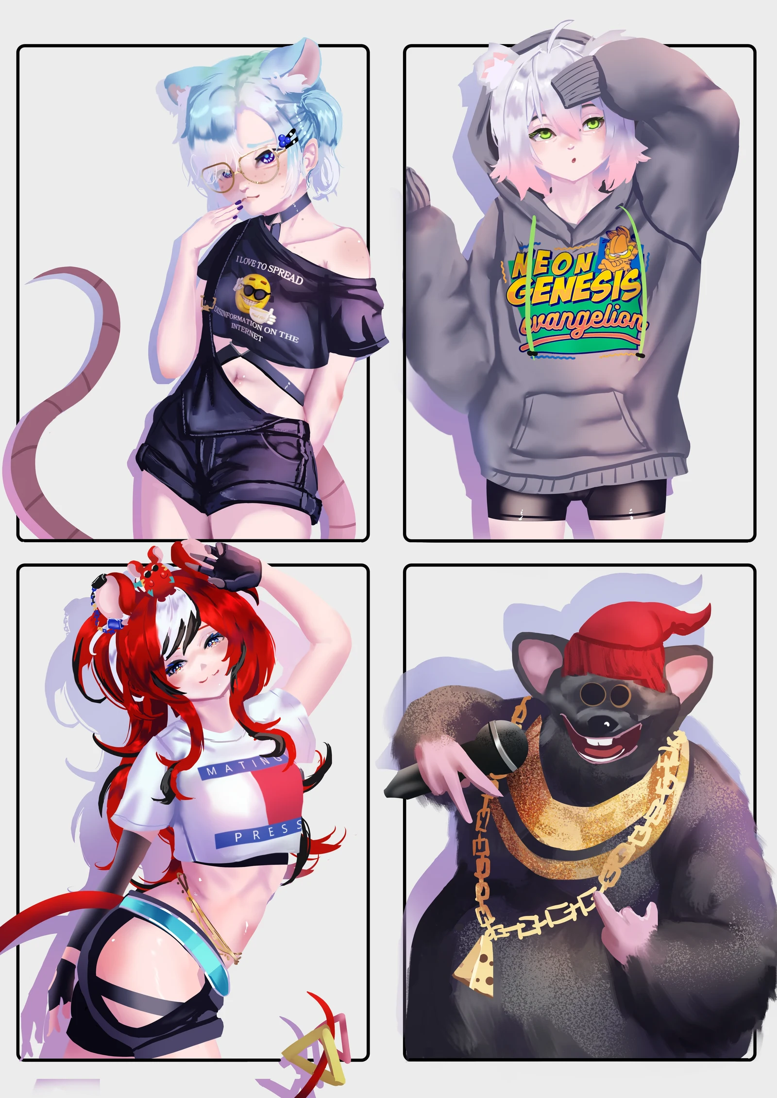 Пост #3814: rancidronin, barnyard_(series), garfield, hololive, hololive_english, neon_genesis_evangelion, original, biggie_cheese, garfield_(character), hakos_baelz, hakos_baelz_(casual), :3, 3girls, animal_ears, beanie