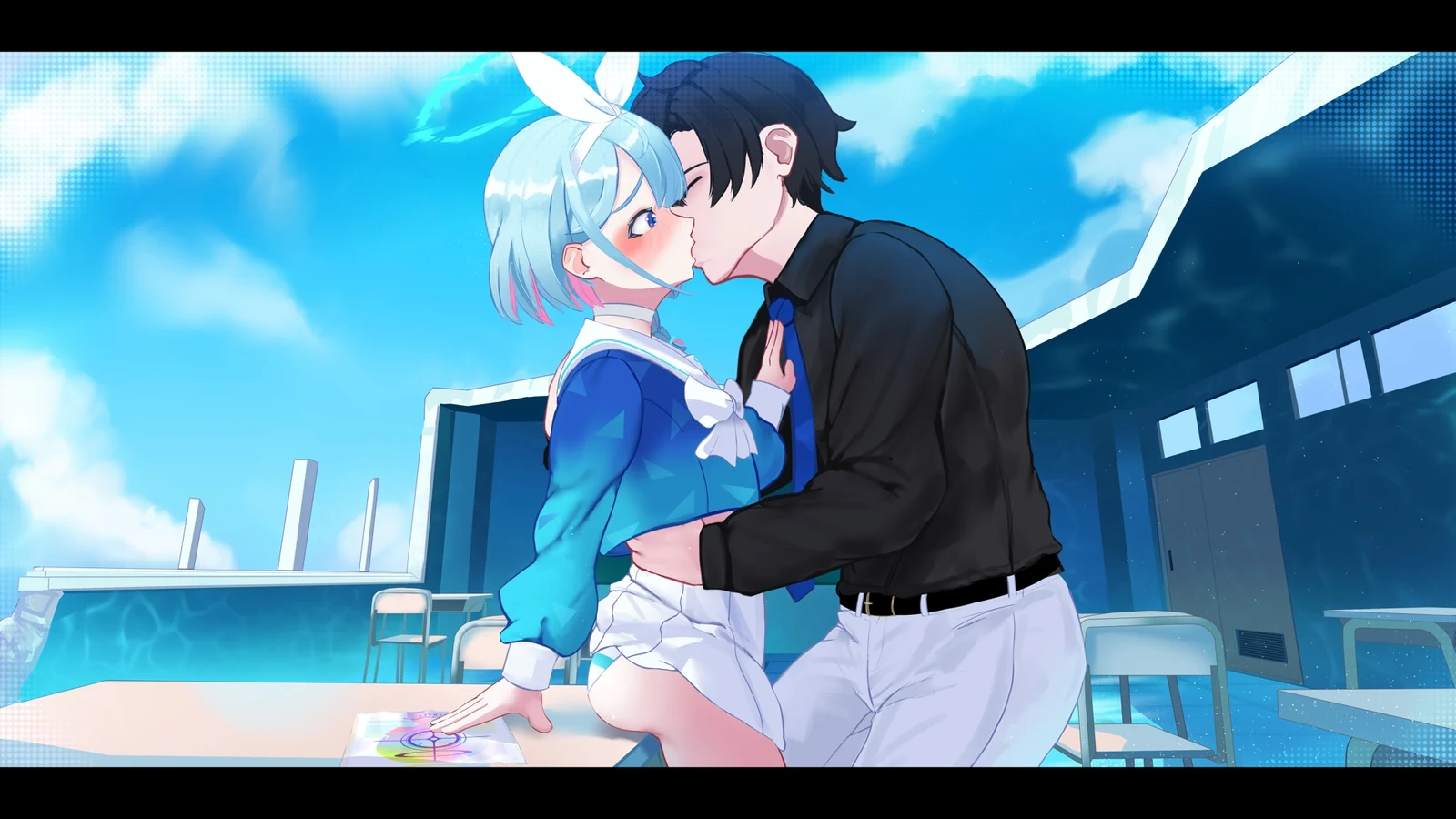 Пост #3767: rancidronin, blue_archive, blue_archive_the_animation, arona_(blue_archive), sensei_(blue_archive_the_animation), sensei_(blue_archive), 1boy, 1girl, ass, black_hair, black_shirt, blue_hair, blue_necktie, blue_shirt, blush