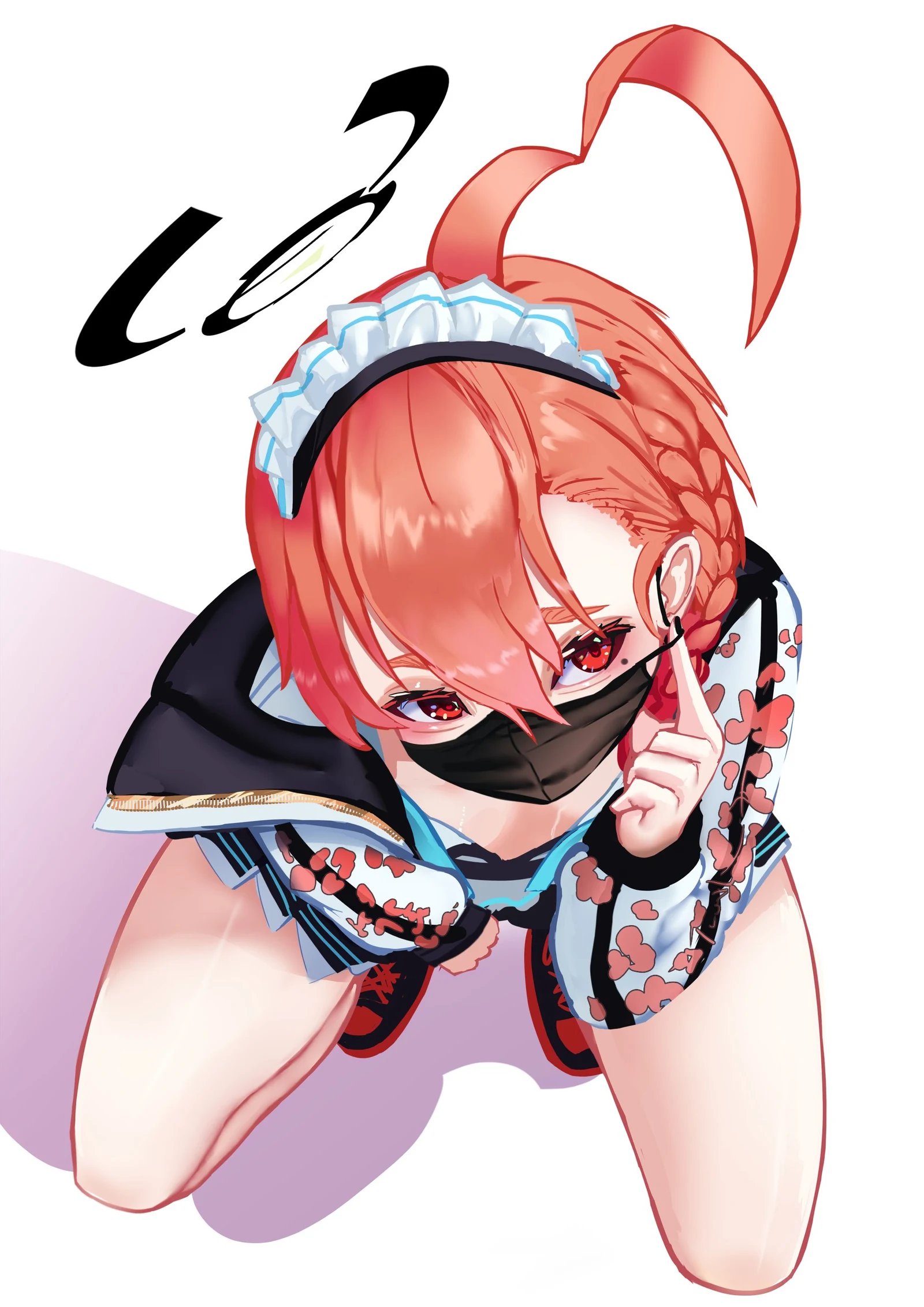 Пост #3804: rancidronin, blue_archive, neru_(blue_archive), 1girl, ahoge, black_halo, black_nails, braid, from_above, halo, hand_up, heart, heart_ahoge, huge_ahoge, jacket