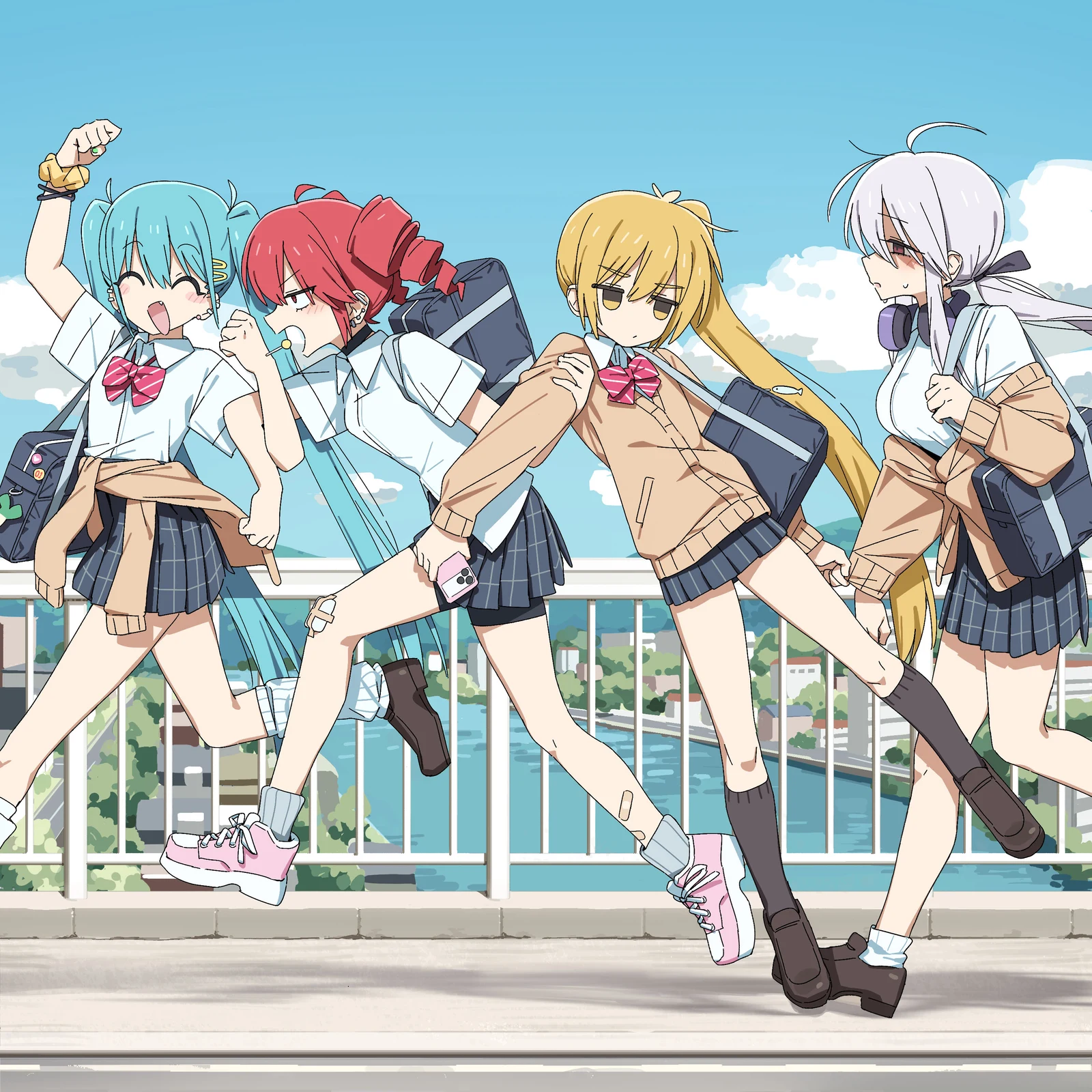 Пост #2225: channel_(caststation), utau, vocaloid, akita_neru, hatsune_miku, kasane_teto, yowane_haku, ^_^, 4girls, ahoge, aqua_hair, arm_up, bag, bandaid, bandaid_on_leg