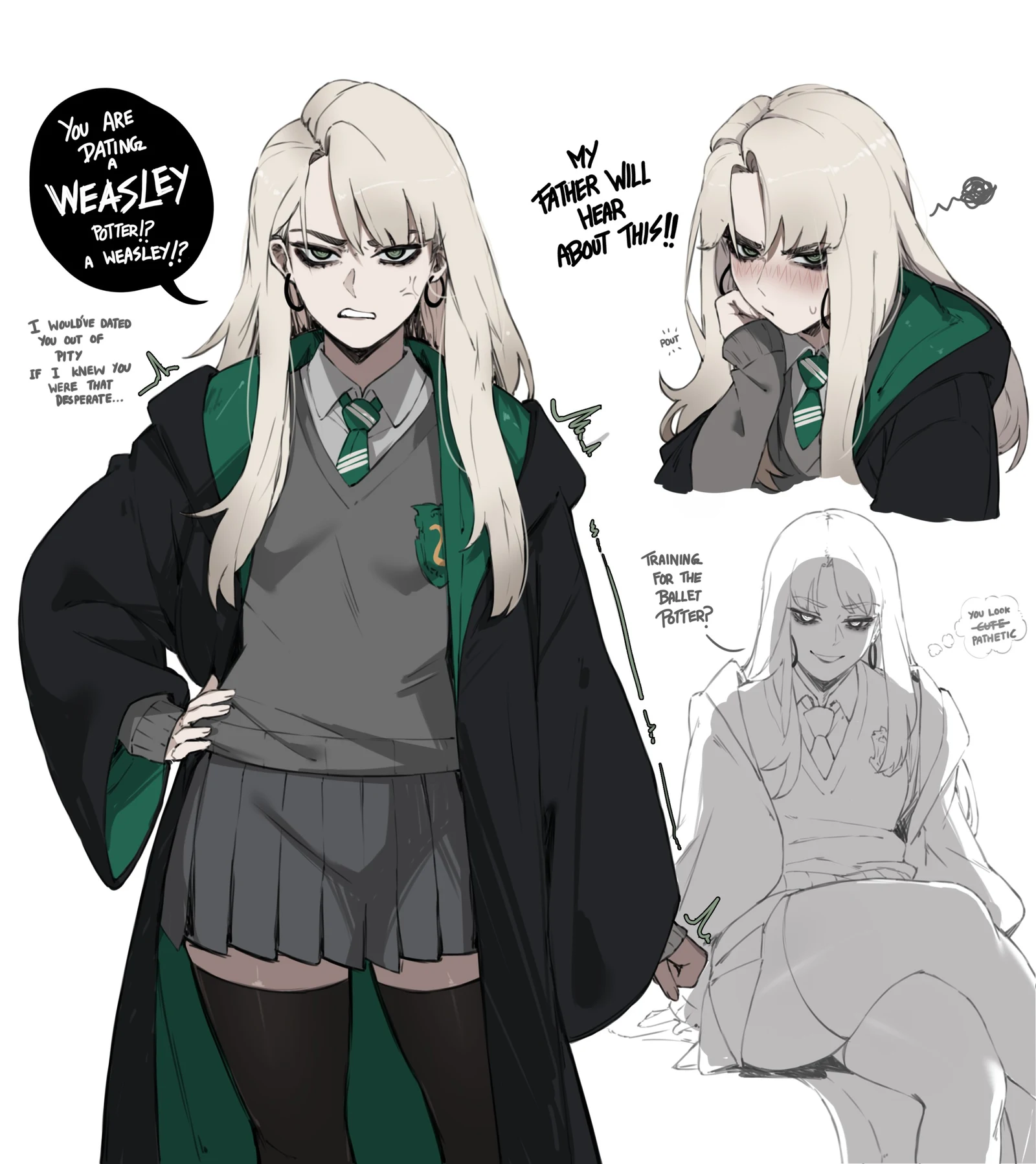 Пост #1239: masoq, harry_potter_(series), wizarding_world, malfoid, 1girl, anger_vein, black_robe, black_thighhighs, blonde_hair, clenched_hand, crossed_legs, curtained_hair, diagonal-striped_clothes, diagonal-striped_necktie, earrings