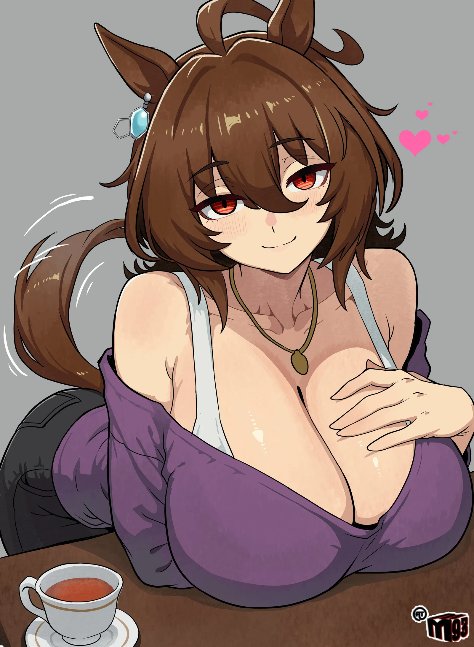 Пост #279: mewmaster93, umamusume, agnes_tachyon_(casual)_(umamusume), agnes_tachyon_(umamusume), ahoge, animal_ears, black_pants, blush, bra_strap, breasts, brown_hair, cleavage, cup, denim, earrings